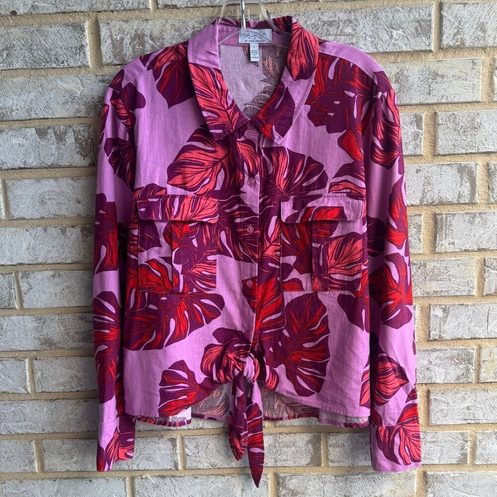 Sofia by Sofia Vergara Long Sleeve Tie Front Linen Blend Tropical Shirt Size L